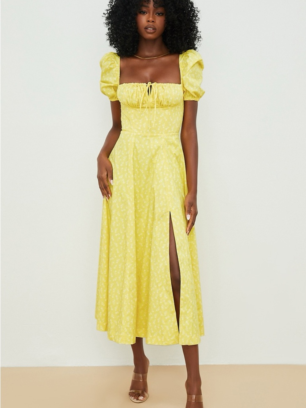 Yellow Puff-Sleeve Midi Dress with Front Slit